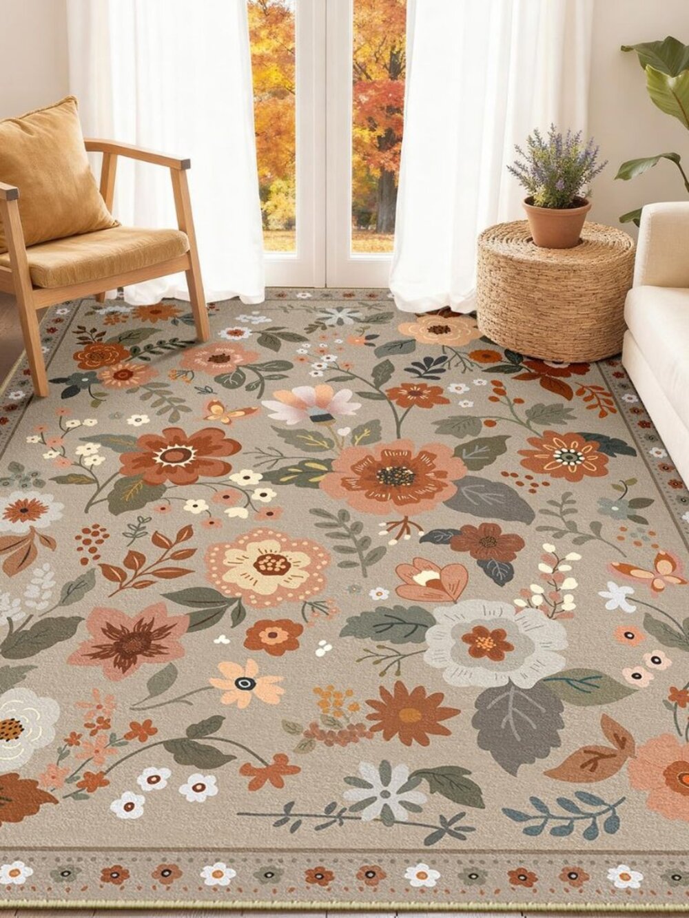 Floral Washable 5x7 Area Rugs Brown/Brick